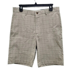 Greg Norman Men's Beige Taupe Plaid Stretch Flat Front 10" Golf Shorts Size 32